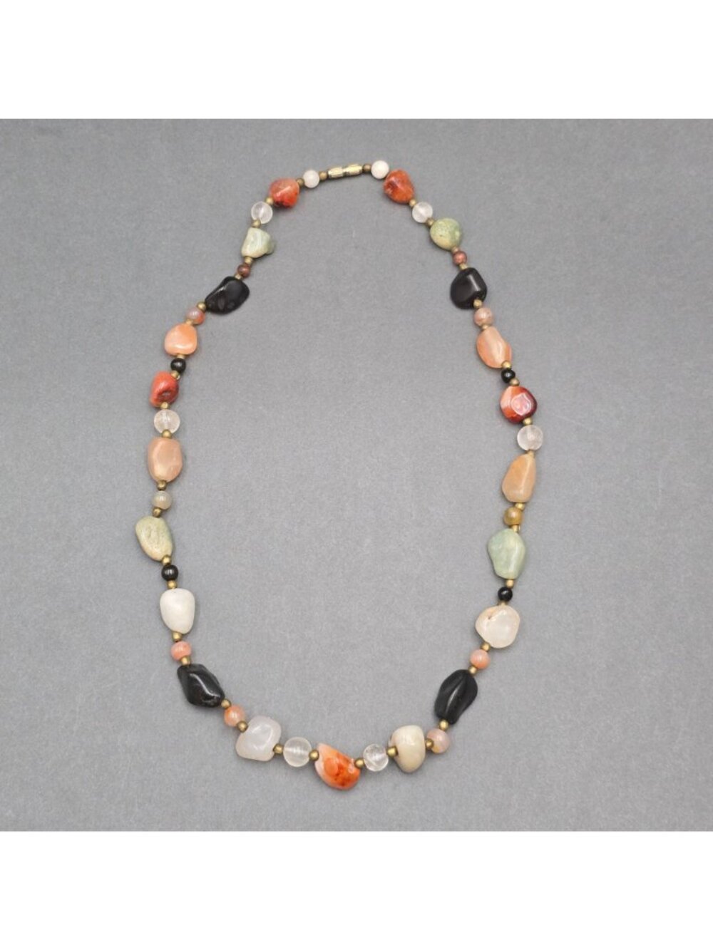 Vintage Multi Gemstone Beggar Bead Necklace 20" Natural Stone Brass Accents - Picture 7 of 11
